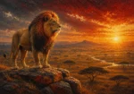 Rust Red Gallery safari wall art print featuring a majestic lion overlooking a sunlit savanna for elegant interiors