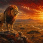 Rust Red Gallery safari wall art print featuring a majestic lion overlooking a sunlit savanna for elegant interiors