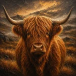 Honey bronze highland cow painting print featuring a majestic Highland cow portrait with broad horns and richly textured fur for elegant interiors