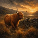 Honey bronze highland cow painting print featuring a solitary Highland cow beside a stone wall in a peaceful Scottish landscape for elegant interiors
