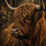 Espresso Gallery highland cow print featuring a close-up Highland cow portrait with expressive eyes, curved horns, and richly textured fur for elegant interiors