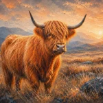 Apricot Modern highland cow canvas wall art featuring a majestic Highland cow in a glowing meadow with warm apricot tones for elegant interiors