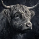 Graphite Museum highland cow black and white print featuring a close-up Highland cow portrait with graphite, cool gray, and ivory tones for elegant interiors