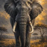 Charcoal & Gold elephant wall art featuring a majestic African elephant with textured skin, graceful tusks, and golden savanna light for elegant interiors