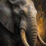 Charcoal and gold elephant wall art print featuring a close-up elephant portrait with sculptural tusks for elegant interiors
