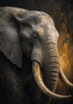 Charcoal and gold elephant wall art print featuring a close-up elephant portrait with sculptural tusks for elegant interiors