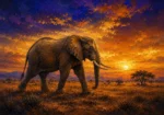 Honey and ultramarine elephant canvas artwork featuring a majestic elephant crossing a glowing savanna at sunset for elegant interiors