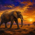 Honey and ultramarine elephant canvas artwork featuring a majestic elephant crossing a glowing savanna at sunset for elegant interiors