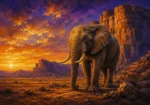 Honey and ultramarine elephant canvas artwork featuring a majestic elephant beside ancient desert rock formations for elegant interiors