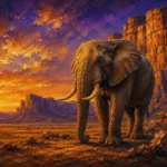Honey and ultramarine elephant canvas artwork featuring a majestic elephant beside ancient desert rock formations for elegant interiors