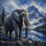 Silver and cobalt elephant art prints featuring a majestic elephant beside a tranquil mountain lake for elegant interiors