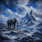 Silver and cobalt elephant art prints featuring a solitary elephant among icy mountain peaks for elegant interiors