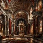 Merlot Library renaissance style artwork featuring a grand cathedral interior with classical columns and vaulted architecture for elegant interiors