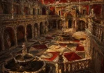 Merlot Library renaissance style artwork featuring a Renaissance palace courtyard with arcades, fountains, and classical architecture for elegant interiors