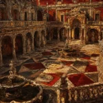 Merlot Library renaissance style artwork featuring a Renaissance palace courtyard with arcades, fountains, and classical architecture for elegant interiors
