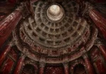 Merlot Library renaissance style artwork print featuring a grand classical rotunda dome with columns and deep burgundy architectural details for elegant interiors
