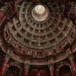 Merlot Library renaissance style artwork print featuring a grand classical rotunda dome with columns and deep burgundy architectural details for elegant interiors