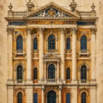 Ochre and Navy architectural drawings prints featuring a classical palace elevation with Corinthian columns and detailed parchment-style design for elegant interiors