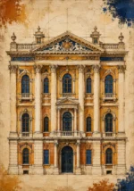 Ochre and Navy architectural drawings prints featuring a classical palace elevation with Corinthian columns and detailed parchment-style design for elegant interiors