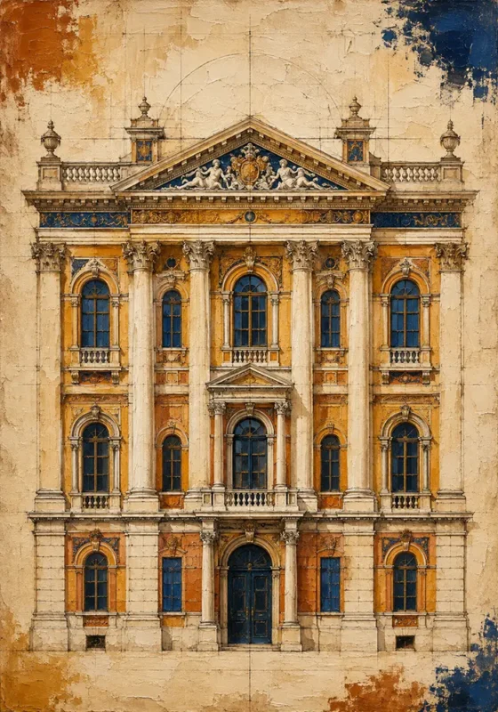 Atlas Elevation Architectural Drawings Prints Ochre & Navy Art Print
