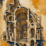 Ochre and Navy architectural drawings prints featuring a Renaissance cathedral blueprint with detailed vaults, columns, and historic architectural structure