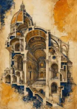 Ochre and Navy architectural drawings prints featuring a Renaissance cathedral blueprint with detailed vaults, columns, and historic architectural structure