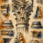 Ochre and Navy architectural drawings prints featuring a Corinthian capital study with classical stone details and antique parchment-inspired design for elegant interiors
