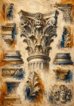 Ochre and Navy architectural drawings prints featuring a Corinthian capital study with classical stone details and antique parchment-inspired design for elegant interiors