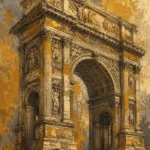 Antique Gold Luxe antique architecture prints featuring a Renaissance triumphal arch with carved details and classical stone architecture for elegant interiors