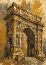 Antique Gold Luxe antique architecture prints featuring a Renaissance triumphal arch with carved details and classical stone architecture for elegant interiors