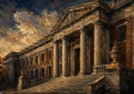 Espresso Gallery colonial style artwork featuring a Colonial portico with Doric columns, granite stairs, and classic architectural details for elegant interiors