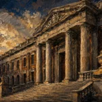 Espresso Gallery colonial style artwork featuring a Colonial portico with Doric columns, granite stairs, and classic architectural details for elegant interiors