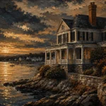 Espresso Gallery colonial style artwork featuring a Colonial waterfront residence with verandas, chimneys, and coastal architectural details for refined interiors