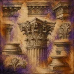 Sepia and Violet architectural drawing wall art featuring a Corinthian capital study with classical ornaments and antique drafting details for refined interiors