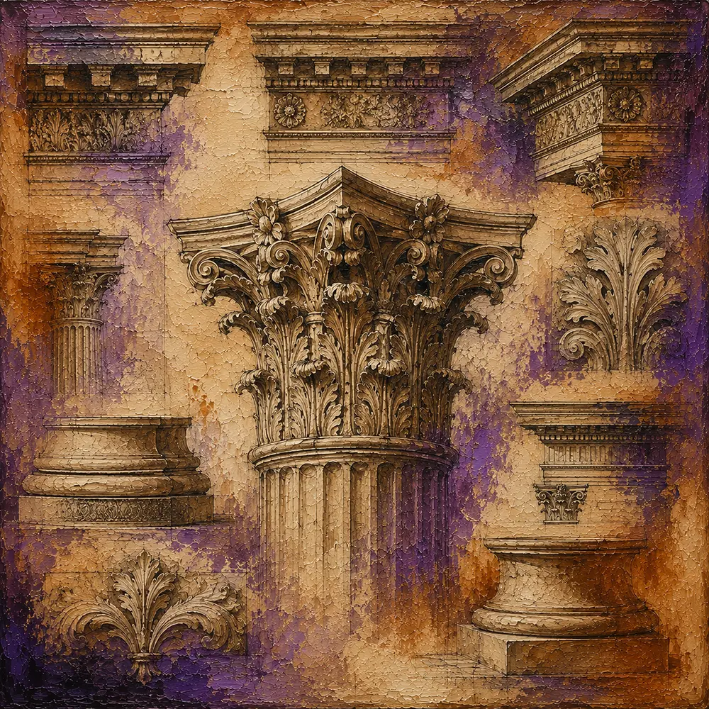 Corinth Plate Architectural Drawing Wall Art Sepia & Violet Art Print