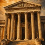 Honey Bronze neoclassical prints featuring a grand temple façade with Corinthian columns, sculpted pediment, and classical architectural details for elegant interiors