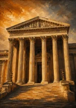 Honey Bronze neoclassical prints featuring a grand temple façade with Corinthian columns, sculpted pediment, and classical architectural details for elegant interiors