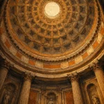 Honey Bronze neoclassical prints featuring a Neoclassical rotunda dome with fluted columns and classical architectural symmetry for elegant interiors