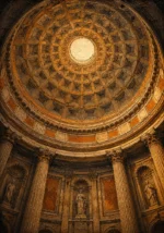 Honey Bronze neoclassical prints featuring a Neoclassical rotunda dome with fluted columns and classical architectural symmetry for elegant interiors