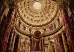 Merlot and antique gold roman architecture prints featuring a Roman pantheon interior with columns, dome, and classical details