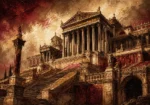 Merlot and antique gold roman architecture prints featuring a Roman hilltop temple with columns, stairs, and classical details