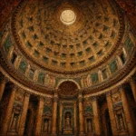 Tobacco and emerald old architectural prints featuring a classical rotunda interior with dome, columns, and marble architectural details