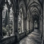 Graphite Museum gothic prints featuring a Gothic monastery cloister with pointed arches, stone paths, columns, and garden details