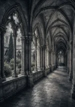 Graphite Museum gothic prints featuring a Gothic monastery cloister with pointed arches, stone paths, columns, and garden details