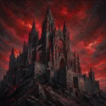 Burgundy architectural wall decor print featuring a Gothic fortress-cathedral with crimson sky, weathered stone walls, and dramatic evening atmosphere for elegant interiors