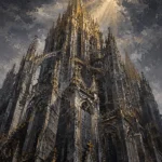Charcoal and gold architectural wall painting print featuring a Gothic cathedral with soaring spires, golden light, and dramatic sky atmosphere