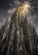 Charcoal and gold architectural wall painting print featuring a Gothic cathedral with soaring spires, golden light, and dramatic sky atmosphere