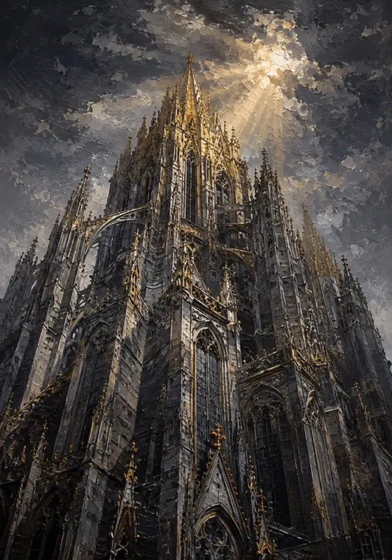 Golden Ascension Architectural Wall Painting Charcoal & Gold Art Print