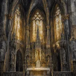 Charcoal and gold architectural wall painting print featuring a Gothic sanctuary with carved altar, stained glass, and dramatic vaulted architecture