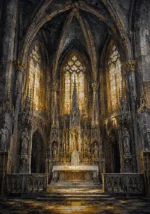 Charcoal and gold architectural wall painting print featuring a Gothic sanctuary with carved altar, stained glass, and dramatic vaulted architecture